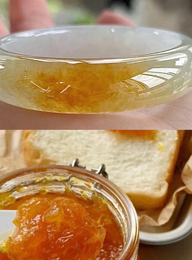 黄翡玉镯冰种女款飘花玉石镯子蜜糖果冻蜡色正圈缅甸翡翠手镯送礼