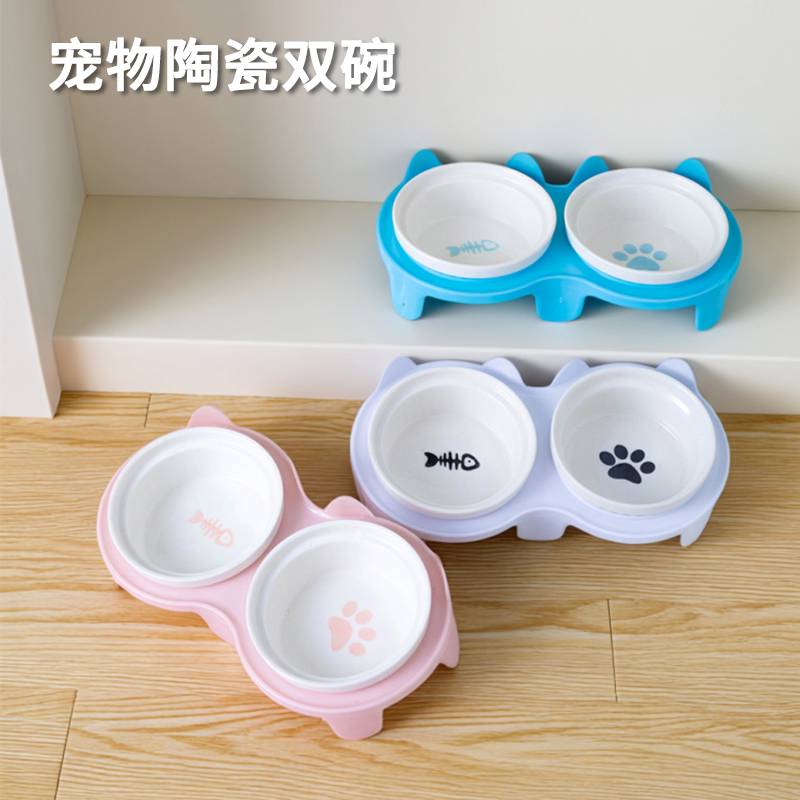 宠物陶瓷双碗防打翻猫喝水狗食盆