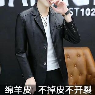 皮夹克休闲外套柔软耐穿中老年爸爸装 黑色真皮皮衣男西装 领修身