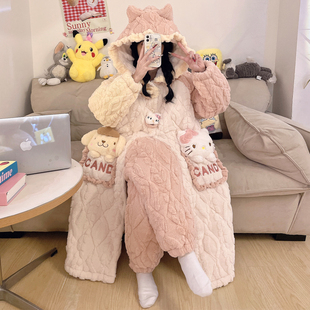 三层夹棉秋冬季加厚加绒珊瑚绒睡衣女款长款可外穿睡袍家居服套装