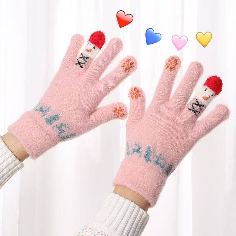 冬季保暖手套毛绒卡通可爱圣诞节雪人五指分指手套可触屏学生女生