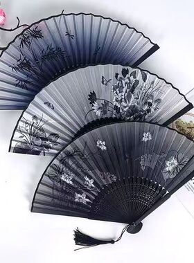 中国风折叠小扇子随身携带古风汉服古装舞蹈新中式夏天黑色竹扇女