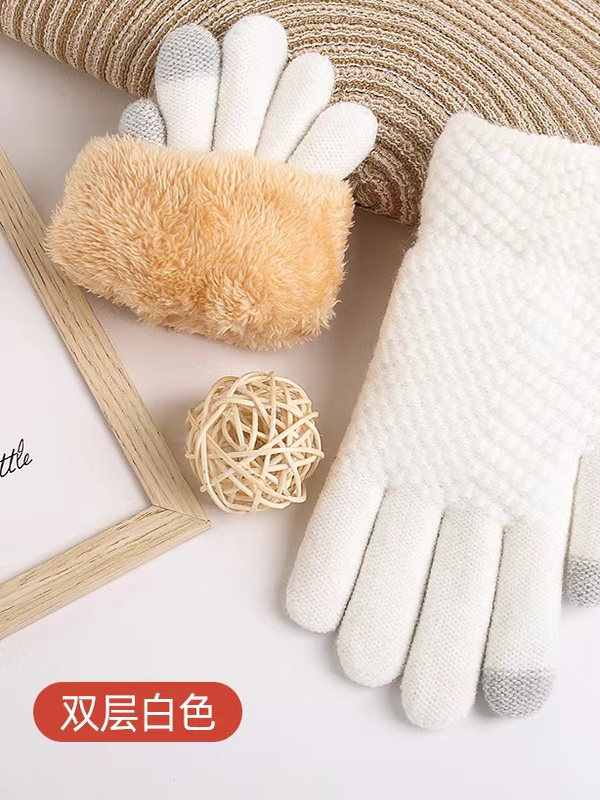 Men's touchscreen gloves for women, autumn and winter knitted outdoor cycling warmth, frost-resistant, fleece-lined thickened Korean alpaca fleece
