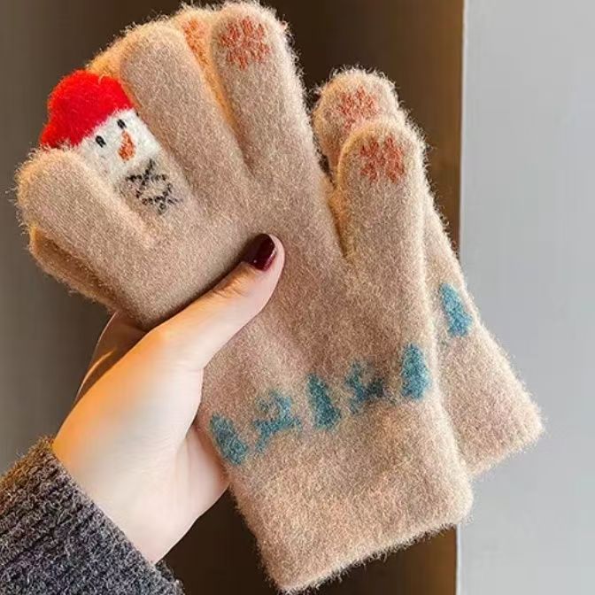 冬季保暖手套毛绒卡通可爱圣诞节雪人五指分指手套可触屏学生女生