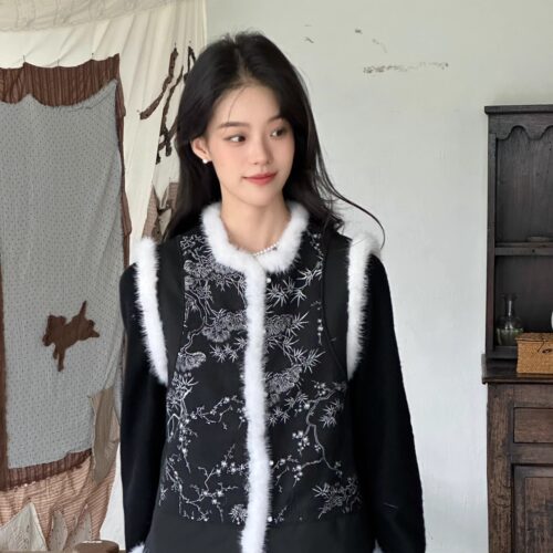 Ti提提 今禾 黑色  中式无袖水貂毛改良马甲外套