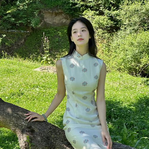 Ti提提  去暑 天丝麻混纺杏色无袖改良长款旗袍气质长裙夏季新款