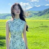 旗袍 天丝锦纶混纺米白色缠枝纹港工无袖 雲苓 改良长款 Ti提提