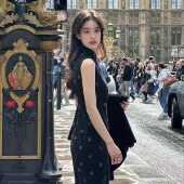 落月 无袖 旗袍 中式 改良长款 黑色波点 Ti提提