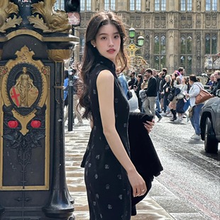 落月 无袖 旗袍 中式 改良长款 黑色波点 Ti提提