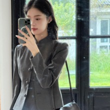 Ti提提 素笺 花灰色新中式羊毛旗袍小套装复古外套小洋装女秋冬女