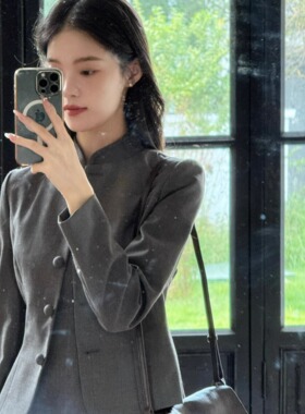 Ti提提 素笺 花灰色新中式羊毛旗袍小套装复古外套小洋装女秋冬女