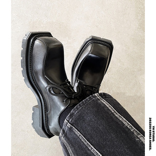 复古小众高级哑光小皮鞋男女车缝线设计多边厚底潮方头增高德比鞋