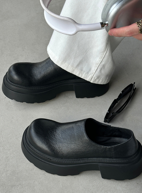 Fangeven黑色通勤皮鞋男软增高厚底真皮翘头大头纤维纹休闲潮鞋