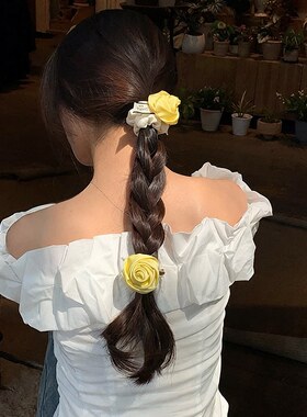 春日黄色系手工玫瑰花朵发夹刘海侧边夹头绳抓夹发夹发圈组合