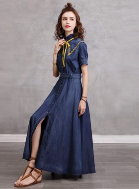 立领木耳边牛仔长裙夏季季复古高腰显瘦气质欧美连衣裙A82307