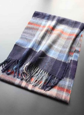 NASE 2021年季欧美订单精选野生精梳白绒藏蓝色格子斜纹羊绒围巾