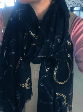 NASE 22年欧单真丝+羊毛丝滑轻薄金属链条新款洋气百搭围巾特惠