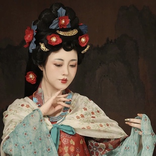 【霜翎阁x听月】都督夫人同款红绢花唐风汉服供养人复原发夹套装