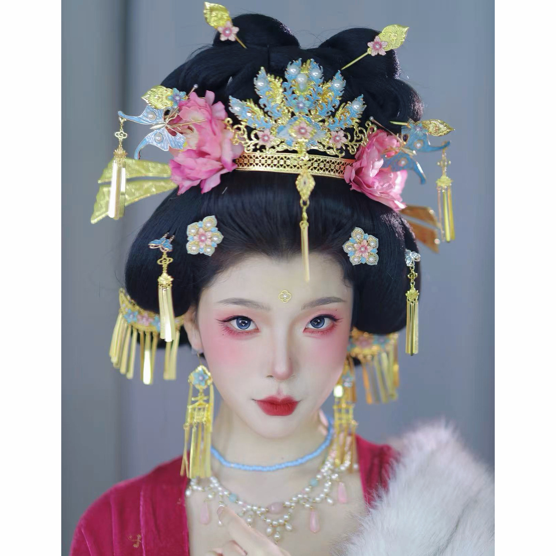 【霜翎阁】唐风全套烧蓝粉色芍药发簪汉服流苏凤冠少女｛子夜歌｝,饰品/流行首饰/时尚饰品新,发饰,淘宝优惠券,粉丝福利购,淘宝优惠卷