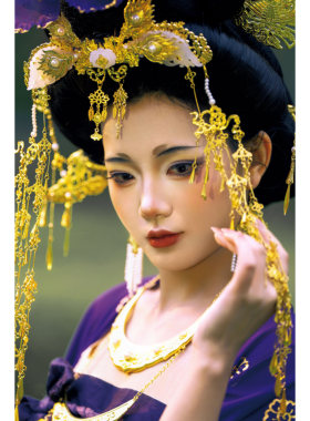 【霜翎阁】五代南唐风汉服配饰品长流苏额冠步摇大牡丹｛凝夜紫｝