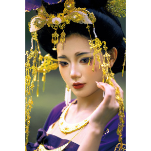 【霜翎阁】五代南唐风汉服配饰品长流苏额冠步摇大牡丹{凝夜紫}