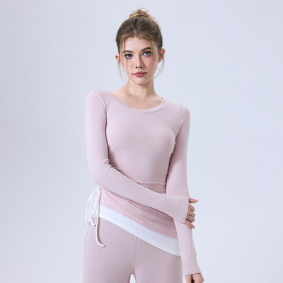 新款撞色抽绳蓄热显瘦上衣女外穿健身服跑步瑜伽长袖训练运动T恤