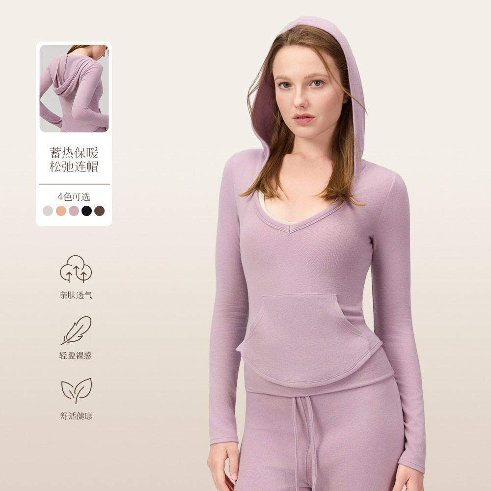 新款羊绒V领口袋外穿健身服跑步瑜伽服显瘦速干运动T恤女帽衫长袖