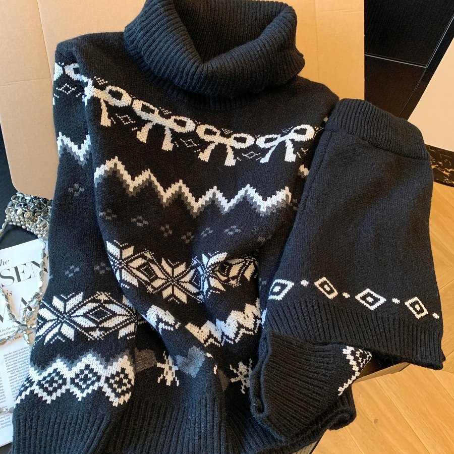 秋冬穿搭一整套巨好看黑色高领费尔岛提花毛衣搭配针织拼接短裤女