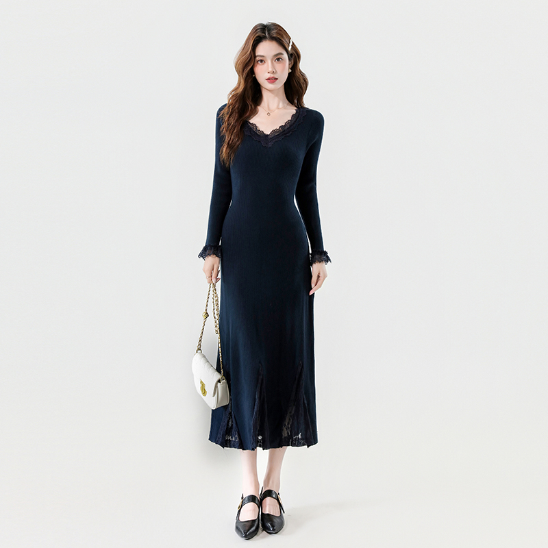 2025秋冬新款V领蕾丝边温柔优雅弹力显瘦长款鱼尾摆针织裙,女装针织衫/毛衣,衣嘉衣服饰 2025秋冬新款V领蕾丝边温柔优雅弹力显瘦长款鱼尾摆针织裙,女装针织衫/毛衣,衣嘉衣服饰