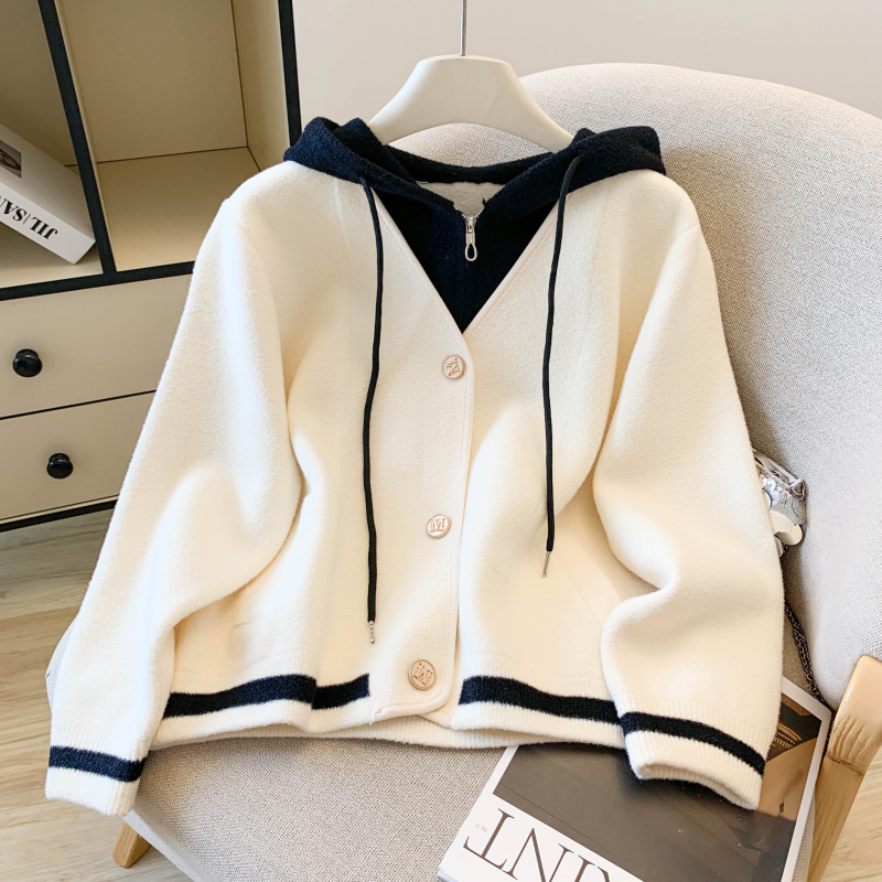 连帽假两件双面呢外套女韩系设计感短款针织开衫呢子上衣，女装针织衫/毛衣，衣嘉衣服饰