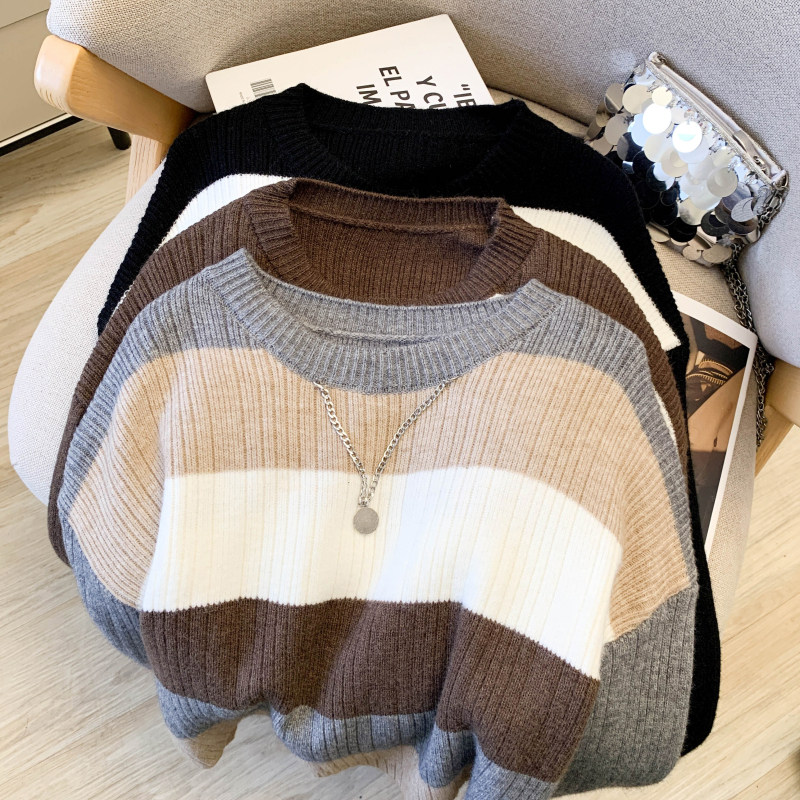 复古慵懒风毛衣2025冬款新款撞色条纹头套针织法式上衣,针织衫/毛衣,衣嘉衣服饰