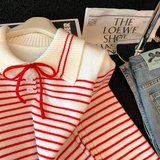 复古条纹蝴蝶结polo领长袖针织衫女春秋冬慵懒风内搭打底毛衣，女装针织衫/毛衣，衣嘉衣服饰