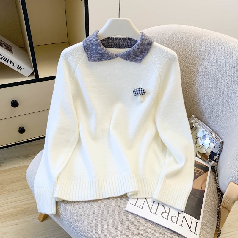 实拍 学院风洋气套头小蘑菇撞色针织衫毛衣上衣女打底衫