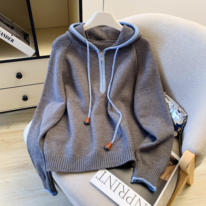 冬季新款韩版宽松撞色连帽加厚毛衣针织衫上衣简约休闲百搭，女装针织衫/毛衣，衣嘉衣服饰