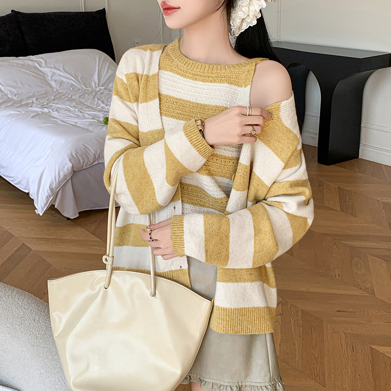 秋冬新款韩式慵懒休闲条纹吊带开衫两件套复古针织衫毛衣女,女装针织衫/毛衣,衣嘉衣服饰 秋冬新款韩式慵懒休闲条纹吊带开衫两件套复古针织衫毛衣女,女装针织衫/毛衣,衣嘉衣服饰