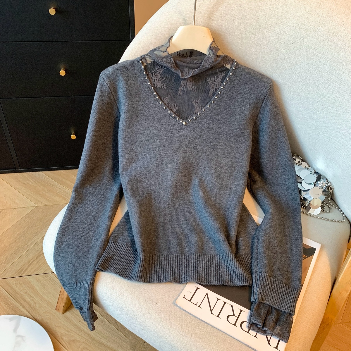 2025气质设计感花边领女秋冬小众高级感内搭上衣百搭打底衫，女装针织衫/毛衣，衣嘉衣服饰