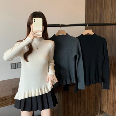 实拍~ 大码胖MM秋冬新款中领不规则波浪下摆正肩长袖上衣针织衫