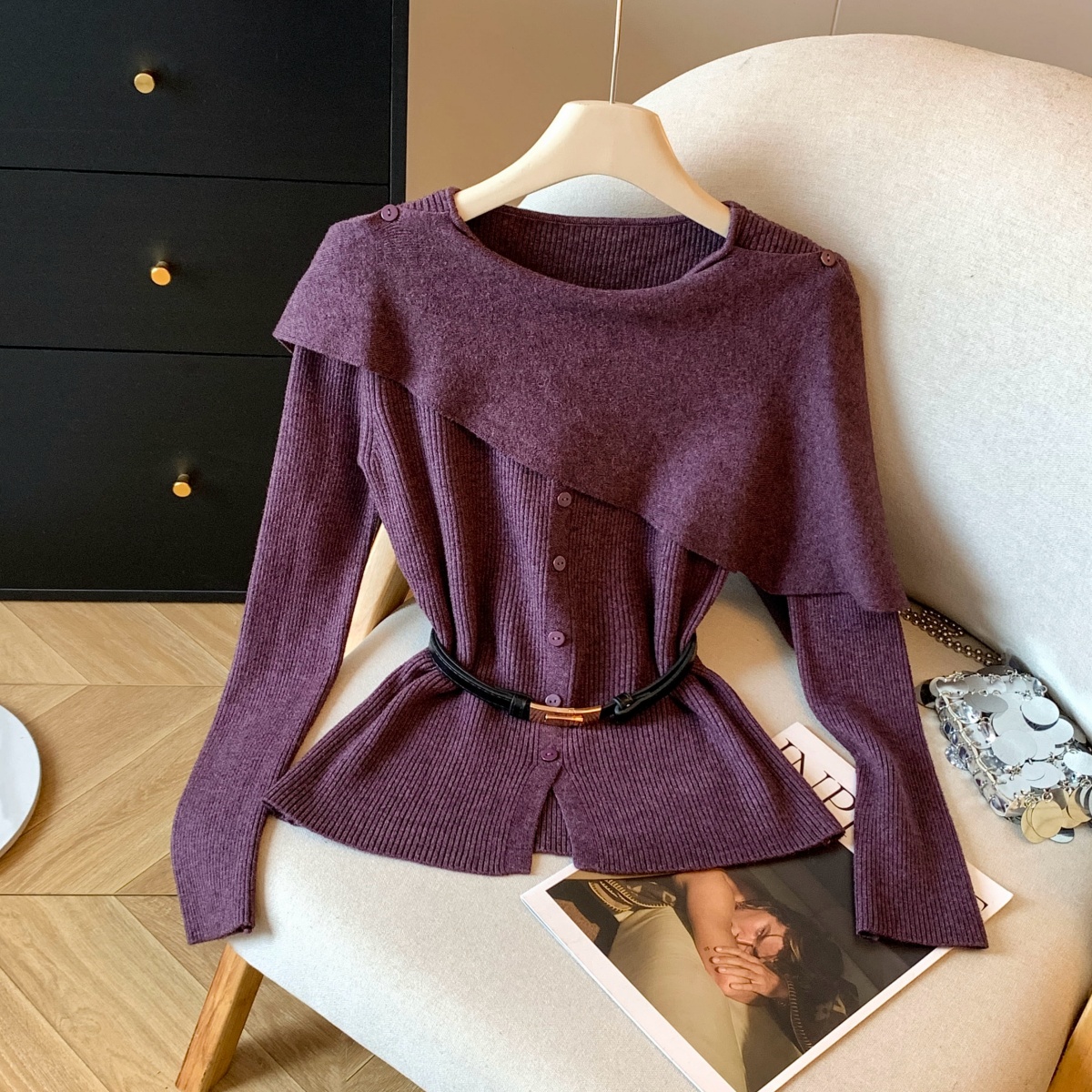 不规则小斗篷开衫女秋冬季设计感收腰腰带显瘦百搭针织上衣,女装针织衫/毛衣,衣嘉衣服饰 不规则小斗篷开衫女秋冬季设计感收腰腰带显瘦百搭针织上衣,女装针织衫/毛衣,衣嘉衣服饰