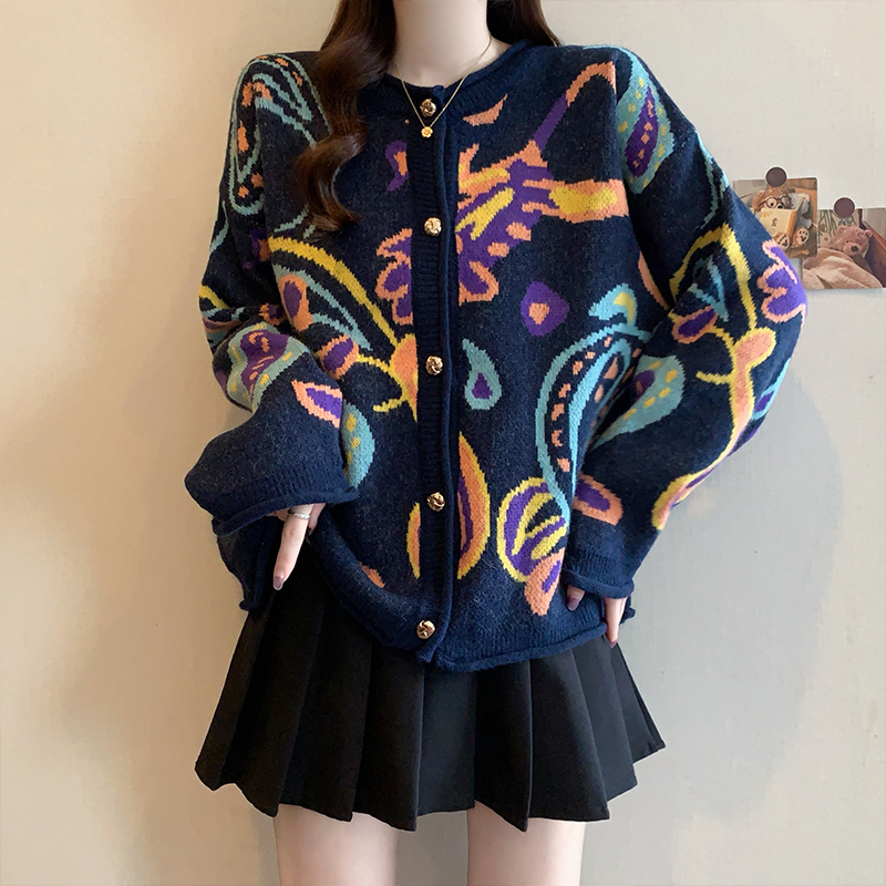 实拍2025秋冬新款大码时尚复古减龄宽松慵懒提花加厚针织毛衣外套