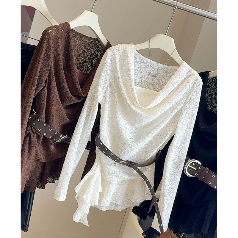 高级感荡领长袖蕾丝衫女早秋2025氛围感穿搭荷叶边不规则下摆上衣