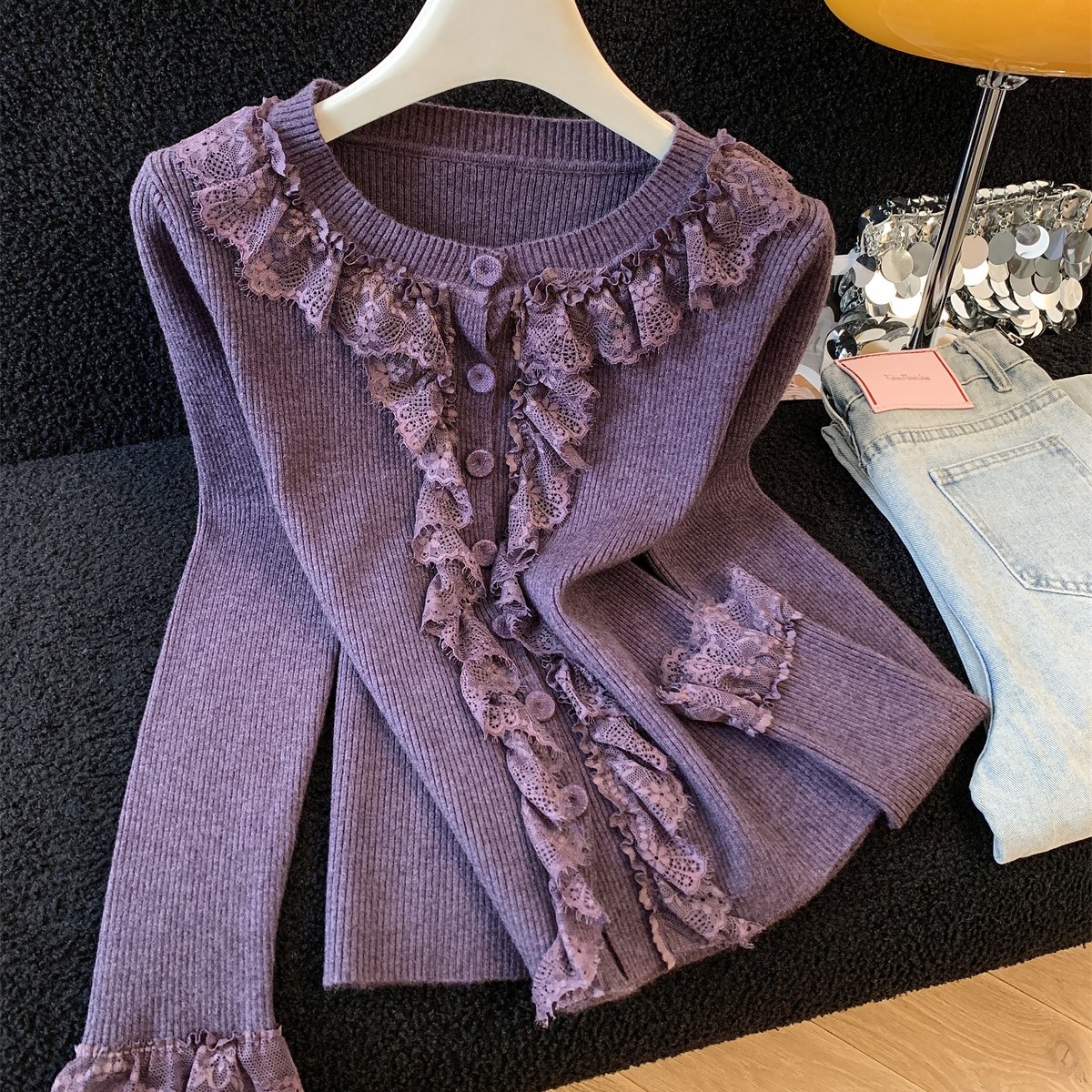韩版设计感蕾丝拼接修身显瘦长袖针织开衫女上衣，女装针织衫/毛衣，衣嘉衣服饰