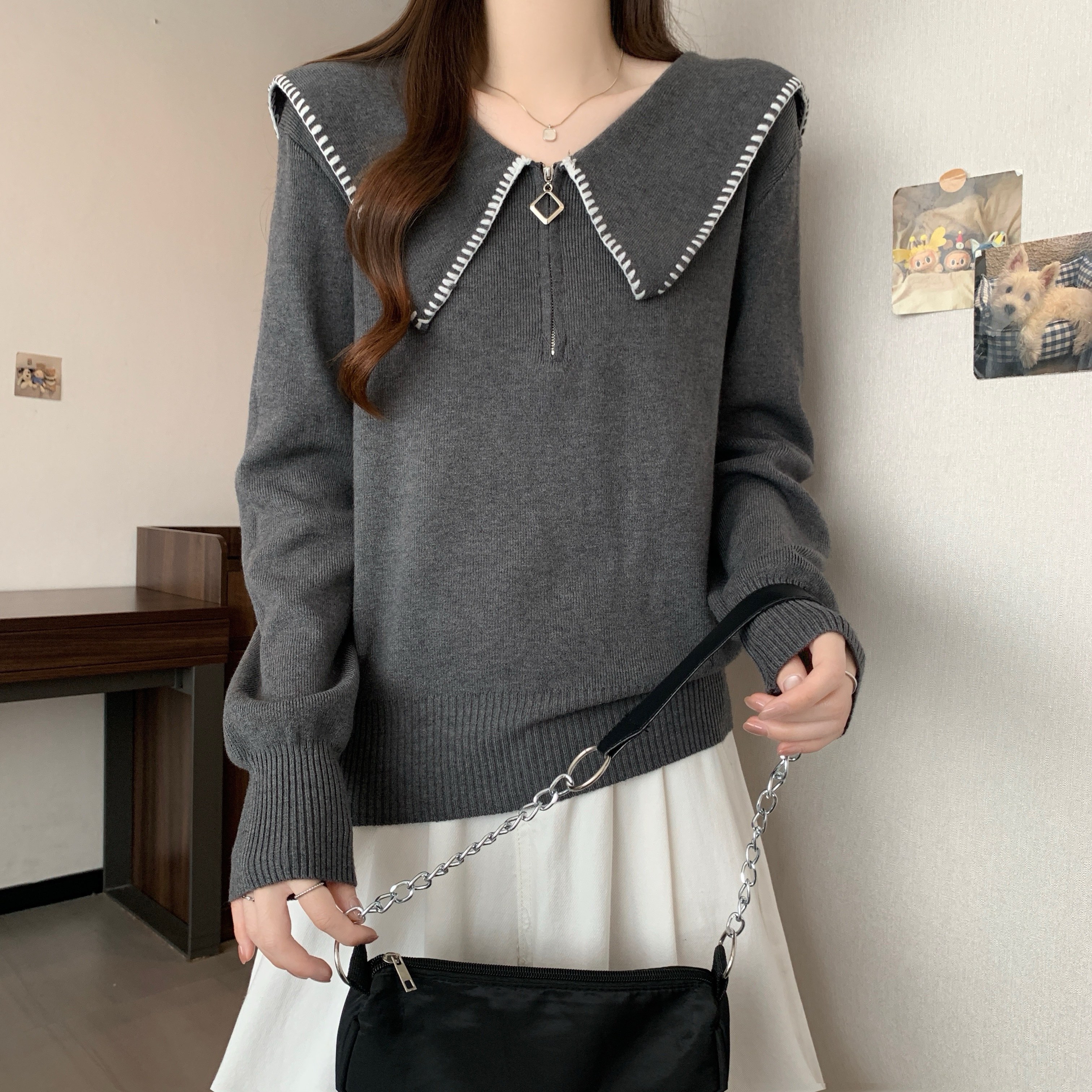 实拍大码法式减龄娃娃领毛衣针织衫女秋冬胖MM遮肚子海军领上衣