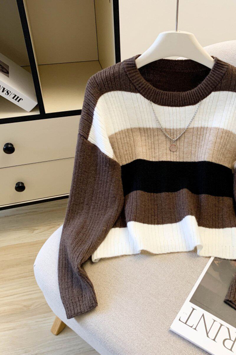 复古慵懒风毛衣2025冬款新款撞色条纹头套针织法式上衣,针织衫/毛衣,衣嘉衣服饰