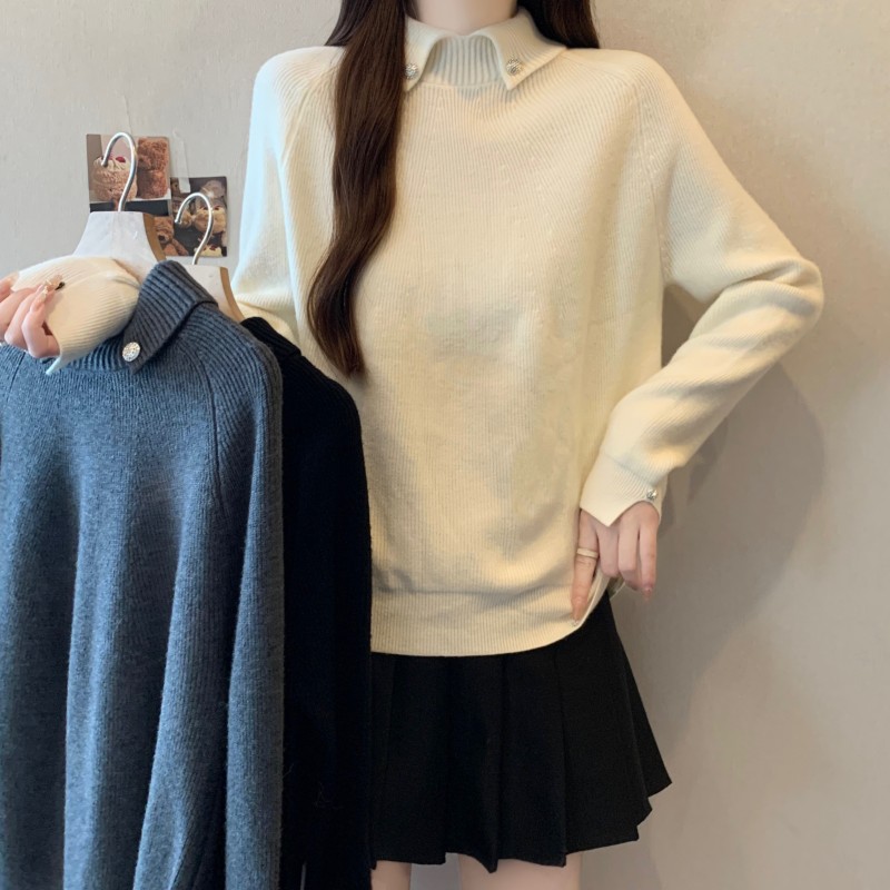 ~大码胖MM秋冬新款法式钉钻翻领插肩袖套头长袖上衣针织衫，女装大码女装，衣嘉衣服饰