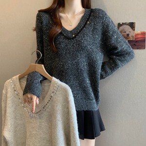 ~ 大码胖MM秋冬新款重工亮片V领正肩长袖套头上衣毛衣，女装大码女装，衣嘉衣服饰