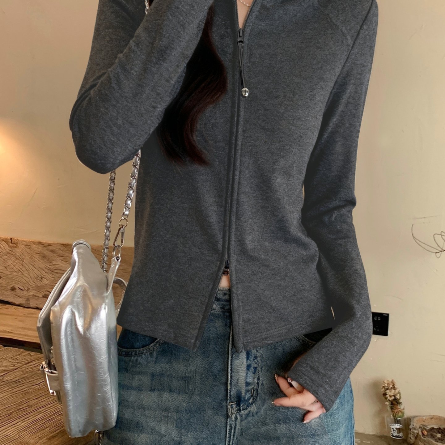 半高领双拉链德绒长袖t恤女冬季新款修身显瘦正肩打底衫上衣外套，女装T恤，衣嘉衣服饰