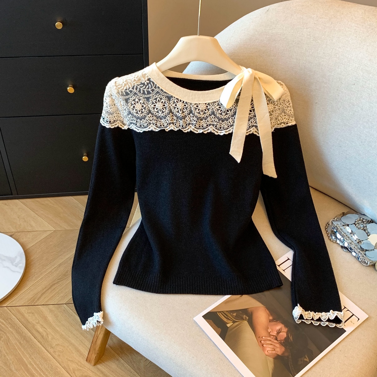 法式小香风蕾丝拼接毛衣女秋冬季独特别致内搭羊绒针织打底衫,女装针织衫/毛衣,衣嘉衣服饰 法式小香风蕾丝拼接毛衣女秋冬季独特别致内搭羊绒针织打底衫,女装针织衫/毛衣,衣嘉衣服饰