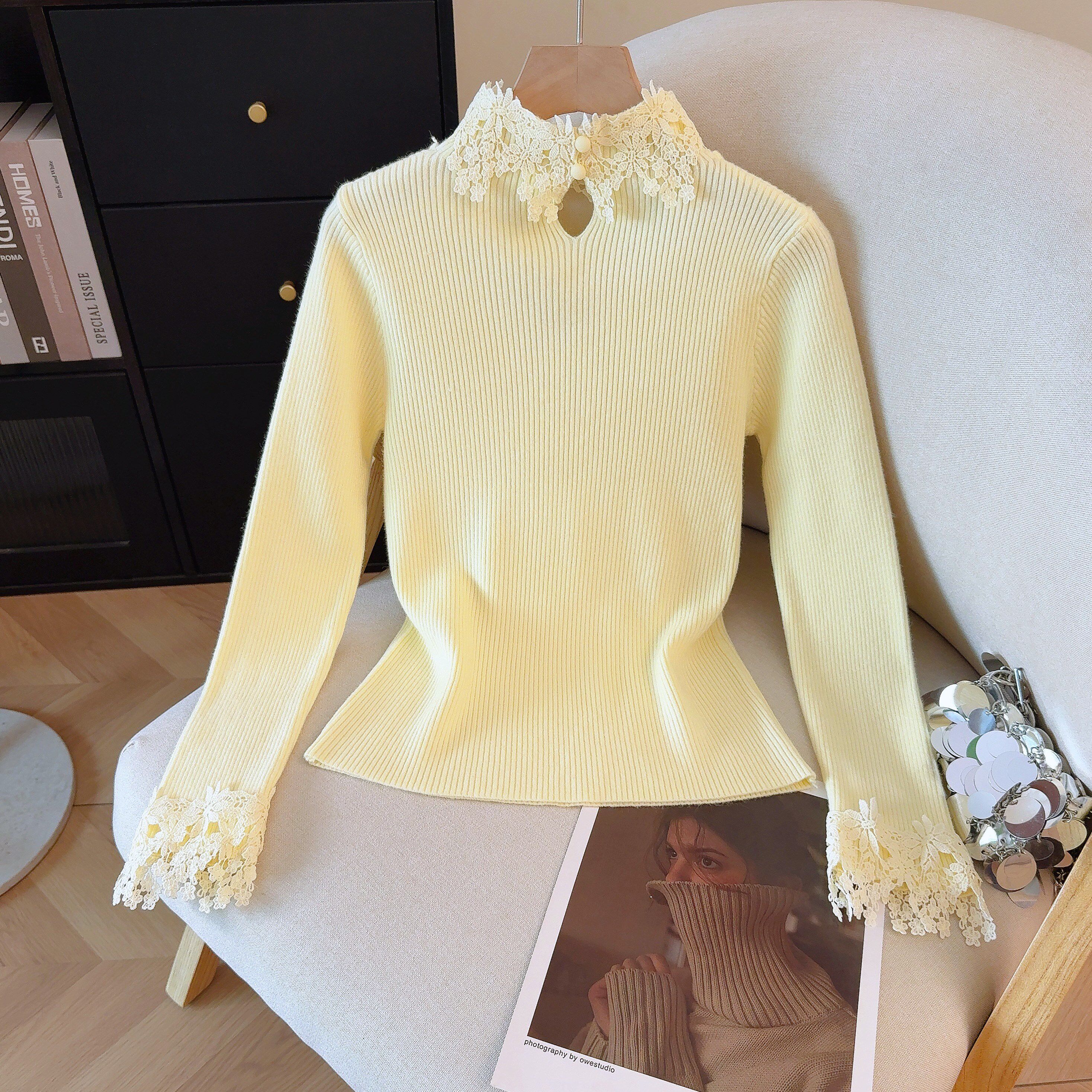 2025冬季新款内搭雷丝挂脖毛衣修身打底针织衫洋气减龄上衣,针织衫/毛衣,衣嘉衣服饰