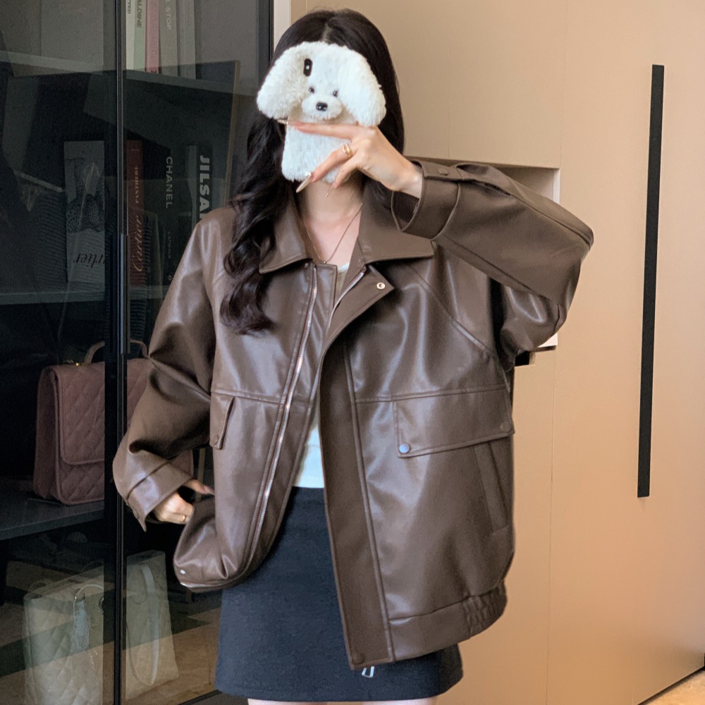 复古美式皮衣夹克外套女甜酷风机车PU皮宽松长袖上衣,女装皮衣,衣嘉衣服饰 复古美式皮衣夹克外套女甜酷风机车PU皮宽松长袖上衣,女装皮衣,衣嘉衣服饰