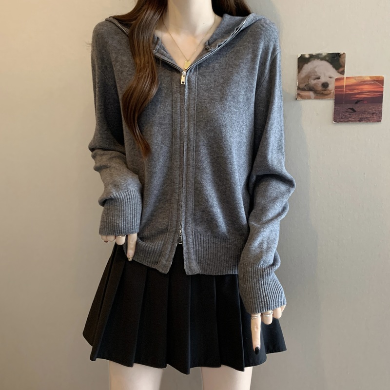 现货连帽正肩针织开衫女2025秋冬大码胖mm双拉链毛衣外套，女装针织衫/毛衣，衣嘉衣服饰